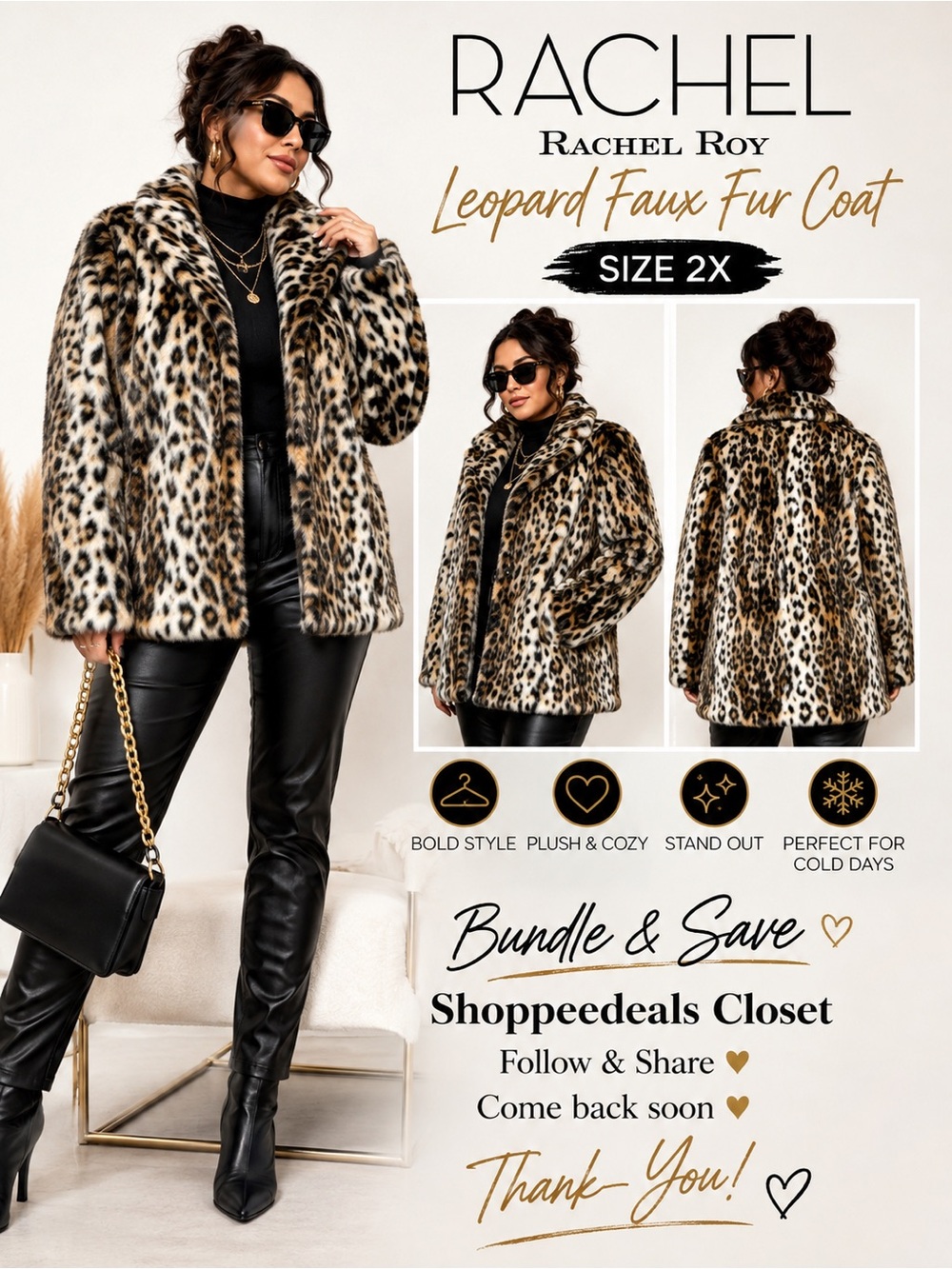 RACHEL Rachel Roy Leopard Print Faux Fur Coat Jacket 2X Plush